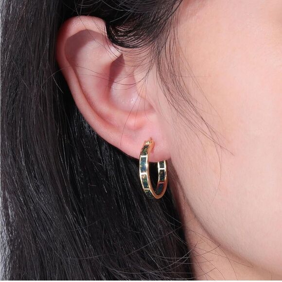 14K Yellow Gold with Genuine Black Fire Opal Round Latch Back Hoop Earrings - Picture 5 of 5